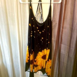 Backless Tank Top Dress. Black with Sunflowers.